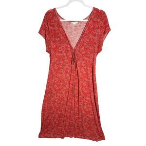 Garnet Hill Sz L Floral Rose Print V-Neck Dress Knee Length Cap Sleeve‎ Cottage